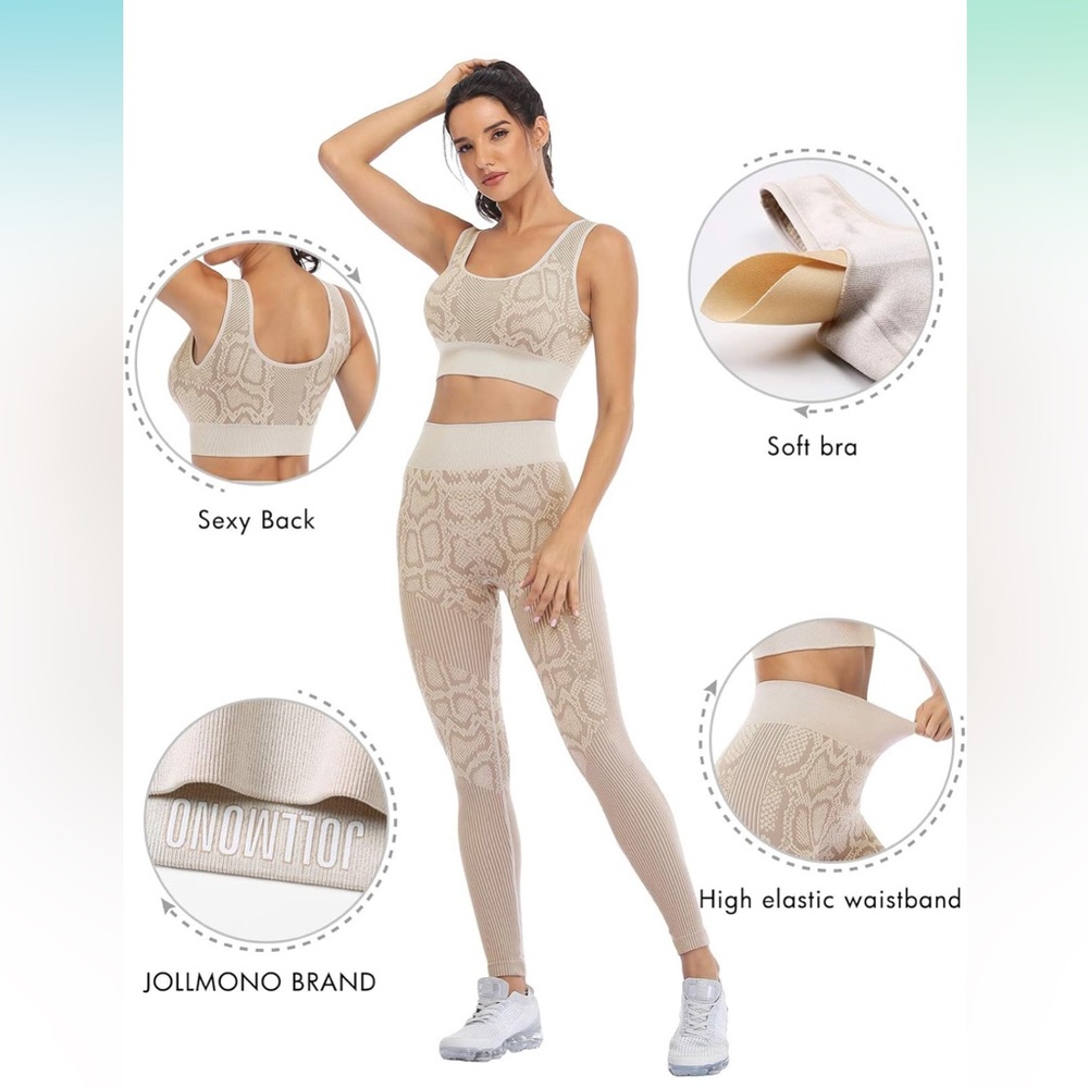 Jollmono Taupe Snakeskin Sports Bra and Leggings Workout Set